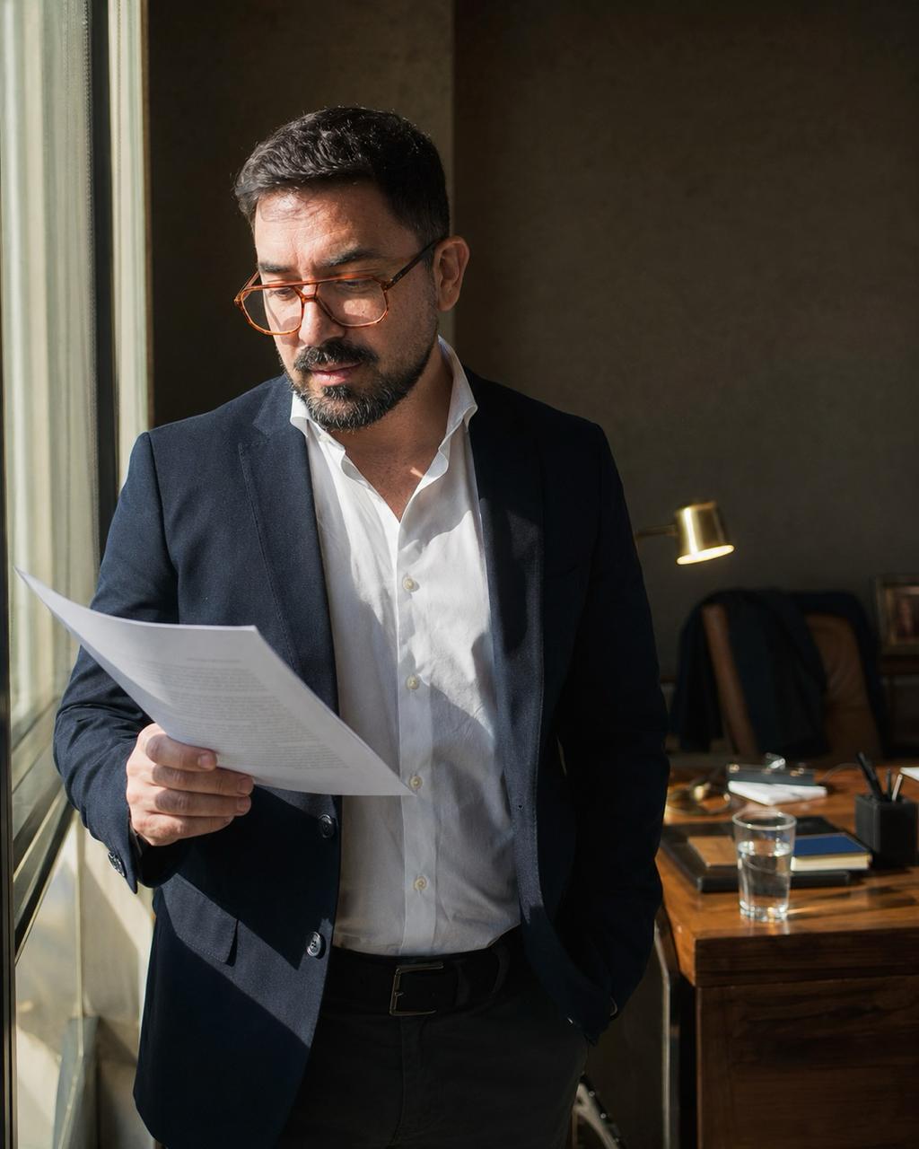 Ronald Barrios revisando um documento junto à janela