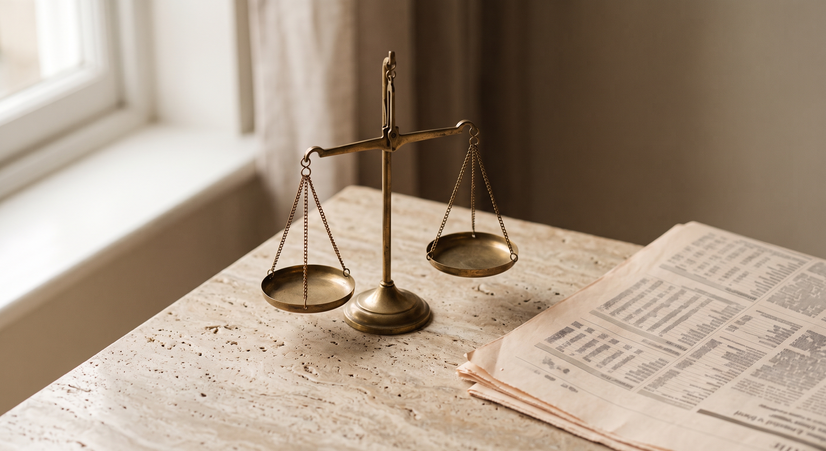 Balanza de latón en equilibrio sobre una superficie de travertino, junto a la página financiera de un diario