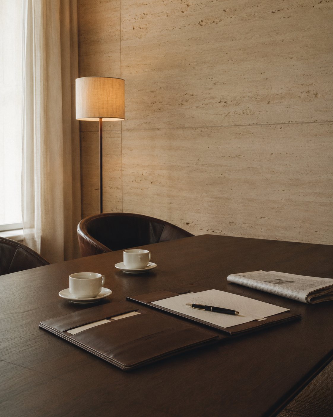 Mesa de reunión con portafolios de cuero, tazas de café y pluma estilográfica — Private Office · Ronald Barrios
