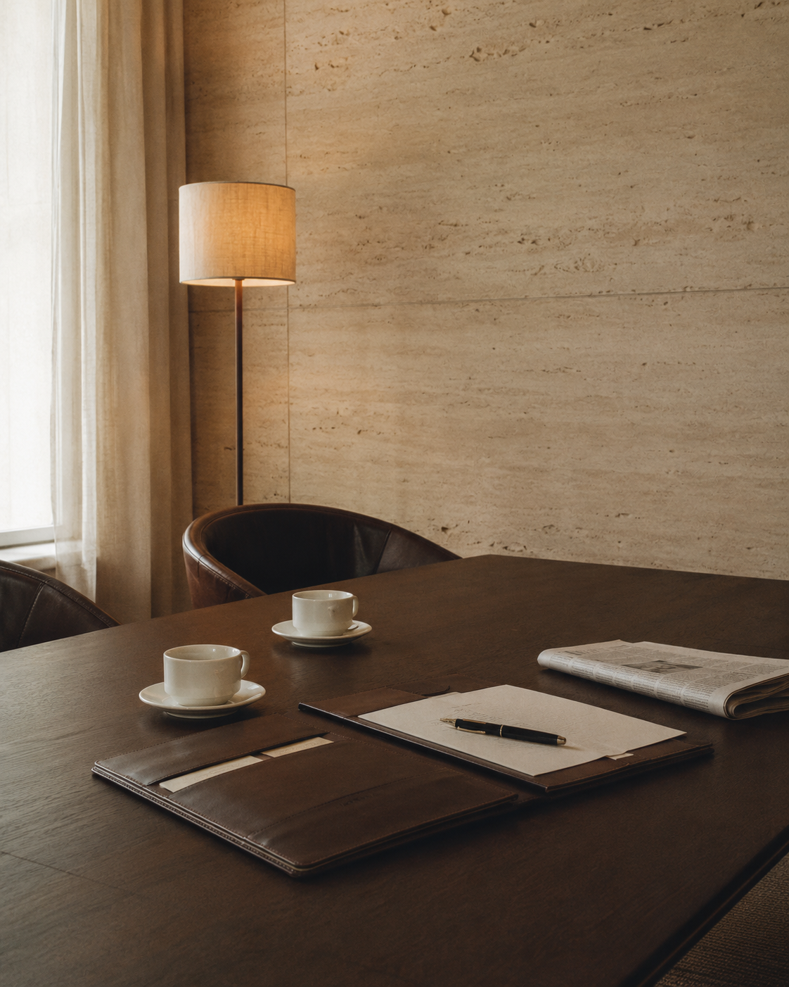 Mesa de reunión con portafolios de cuero, tazas de café y pluma estilográfica — Private Office · Ronald Barrios